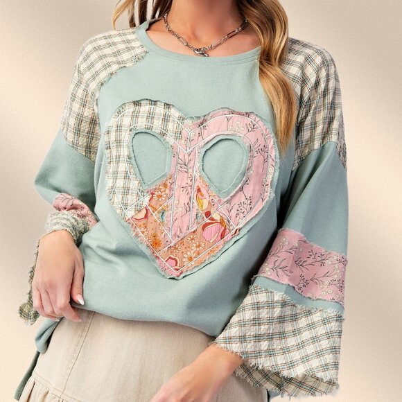 EASEL "Full Heart" Cotton Terry Mix Fabric & Print Embroidered Raw Frayed Edges - Picture 11 of 14